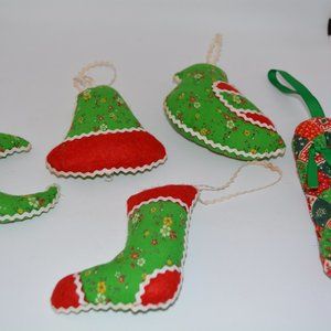 Lot of 5 VTG Handmade Stuffed Cloth Fabric Christmas Ornaments Kitschy Bird Bell